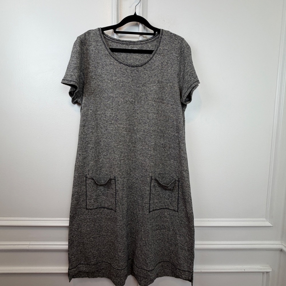 Eileen Fisher Grey Striped Short Sleeve Pocket Shift Dress S/P